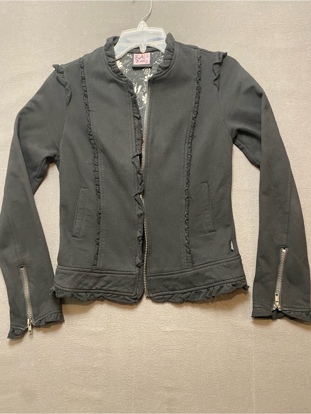 L.A. Kitty Women’s Black Ruffle-Trim Zip Jacket Small